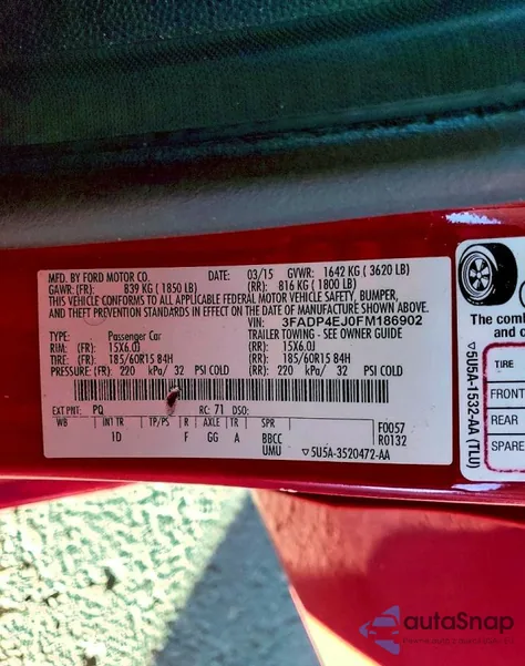 2015 Ford Fiesta Se z USA, uszkodzony, nr VIN 3FADP4EJ0FM186902